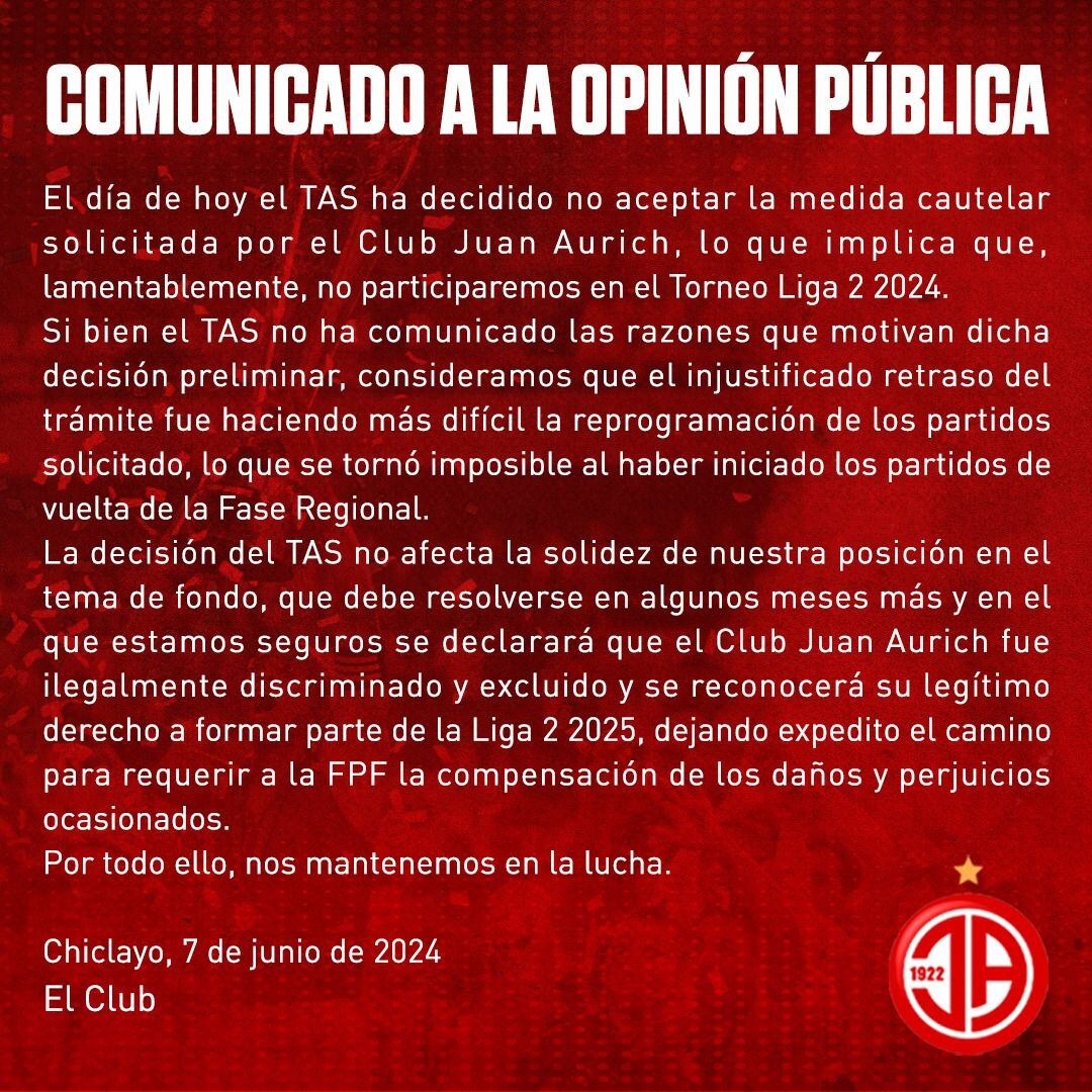 Juan Aurich y su comunicado tras rechazo del TAS para participar en Liga 2.