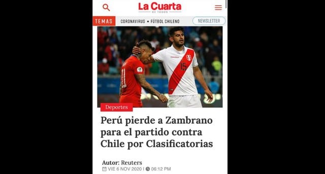 Así informa la prensa chilena sobre el duelo entre la 'Roja' y 'Bicolor'. (Captura)