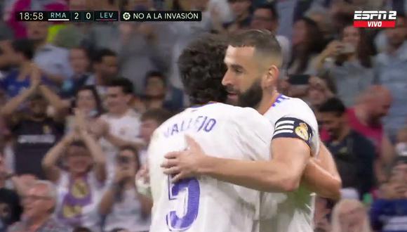 Benzema anotó el 2-0 de Real Madrid sobre Levante. Foto: ESPN.