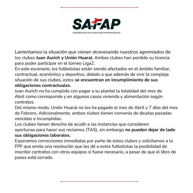 La postura de SAFAP sobre presente de jugadores de Juan Aurich y Unión Huaral.
