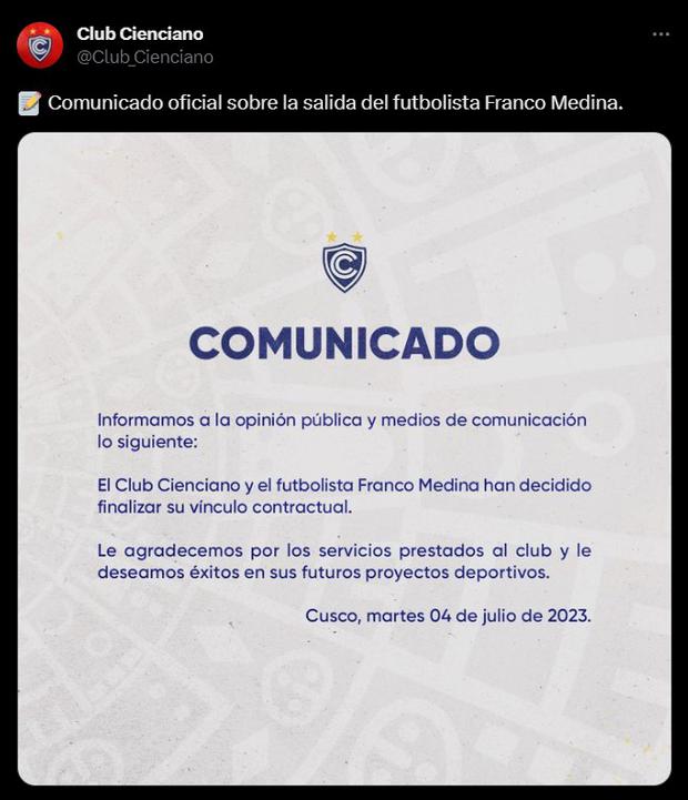 Comunicado de Cienciano sobre Franco Medina. (Foto: Twitter)