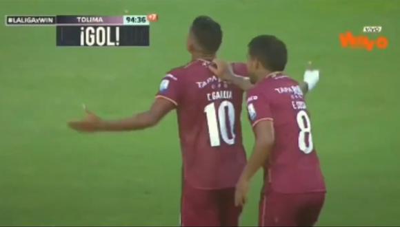 Gol de Raziel García para el empate de Tolima ante Jaguares de Córdoba. (Foto: Captura Win Sports)