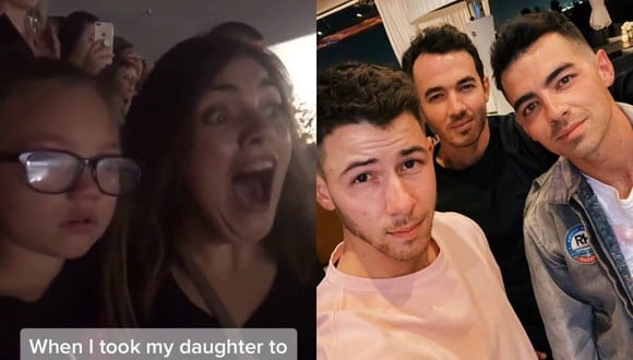 Un video viral muestra cómo una madre parece disfrutar más de su hija del concierto de los Jonas Brothers y la banda de músicos la vuelve famosa en más de una red social. | Crédito: @morganbellamy / TikTok / @jonasbrothers / Instagram