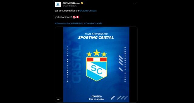 Conmebol saludó a Sporting Cristal por su aniversario. (Foto: Twitter)