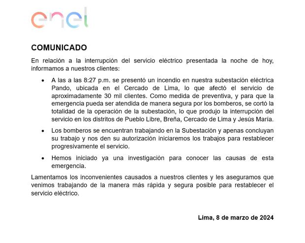Comunicado de Enel. (Foto: Enel)