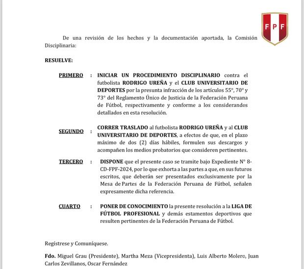 La Comisión Disciplinaria resolvió abrir un proceso disciplinario contra Rodrigo Ureña.