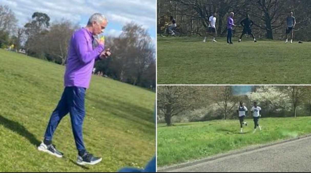 José Mourinho y los jugadores de Tottenham criticados por incumplir el distanciamiento social. (Foto: Twitter)