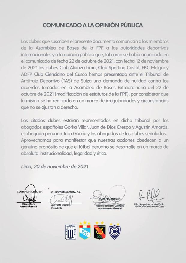 El comunicado de Alianza Lima, Cristal, Melgar y Cienciano.