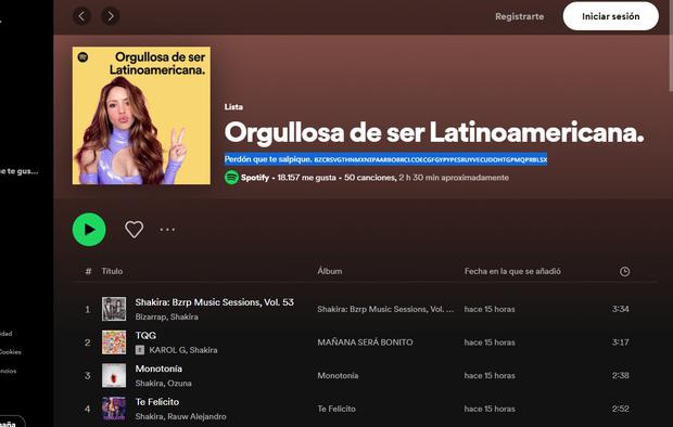 Lista de canciones de Shakira en Spotify (Foto: Spotify)