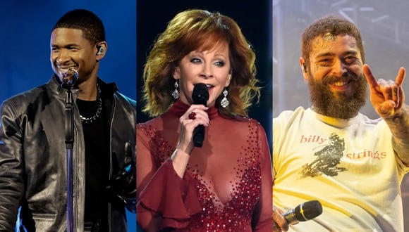 Usher, Reba McEntire y Post Malone será los cantantes del medio tiempo del Super Bowl LVIII. (Foto: Composición).