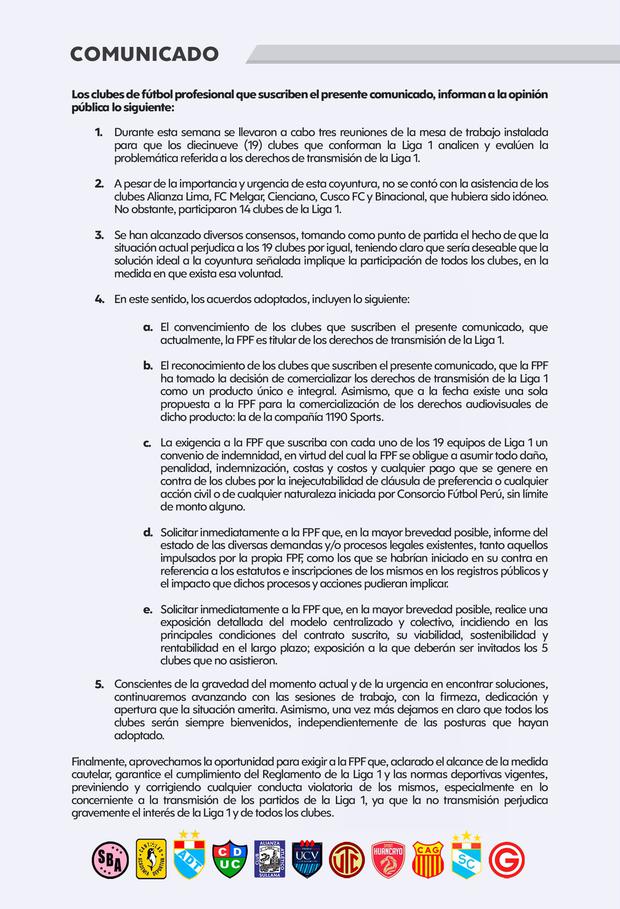 Comunicado de los clubes que están con la FPP respecto a los derechos de transmisión. (Imagen: Sporting Cristal)