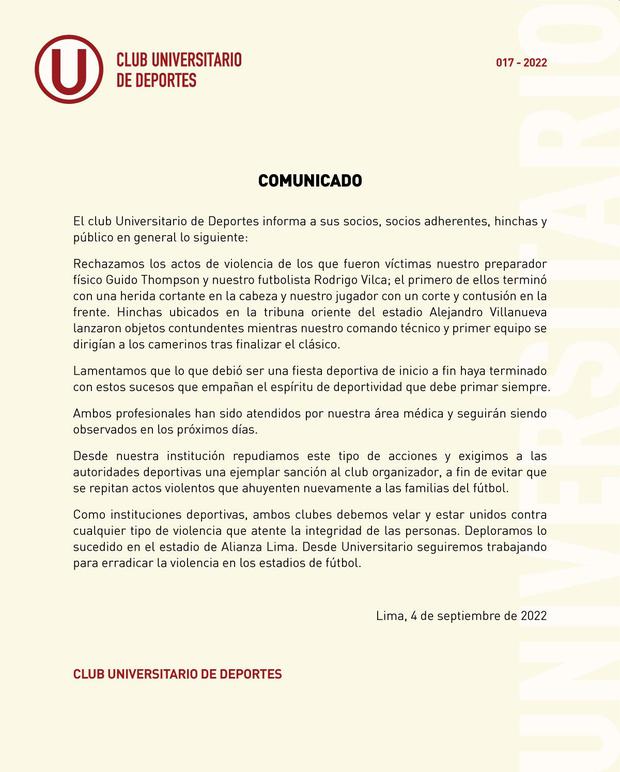 El comunicado de Universitario de Deportes.