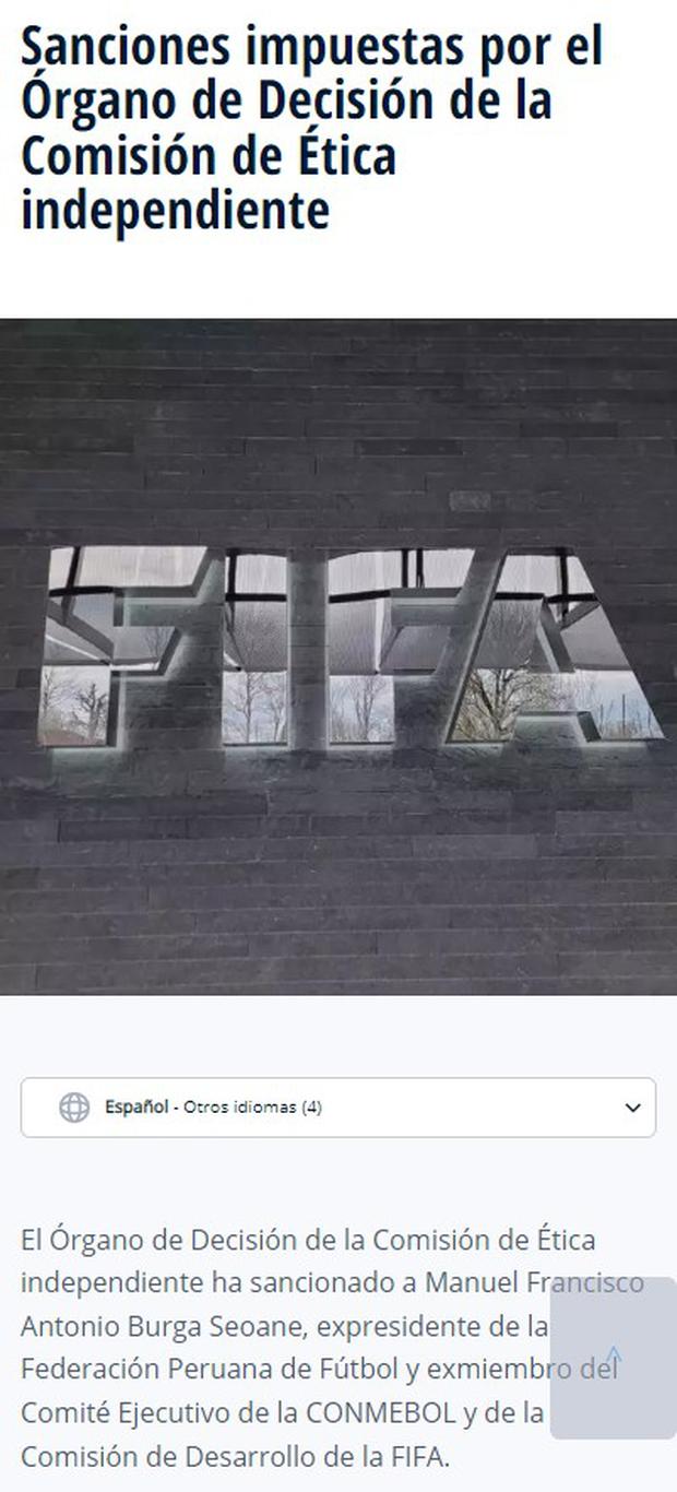 Documento de FIFA sobre sentencia a Manuel Burga. (Foto: FIFA.com)