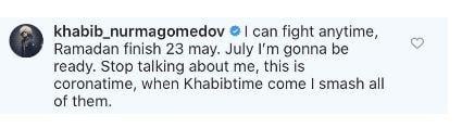 Khabib Nurmagomedov abierto a la posibilidad de pelear en julio en UFC. (Captura: Instagram)
