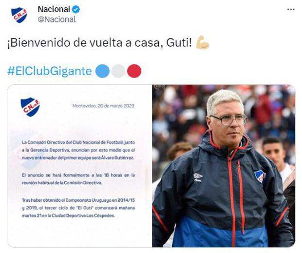 Álvaro Gutiérrez fue anunciado como nuevo DT de Nacional de Uruguay. (Foto: Twitter)