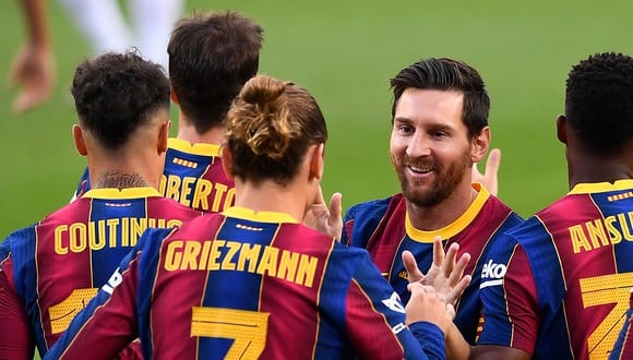 Barcelona goleó 5-1 a Ferencváros en la primera fecha de la Champions League. Leo Messi de penalti, Ansu Fati, Coutinho, Pedri y Dembélé anotaron para los azulgranas. (Foto: AFP)