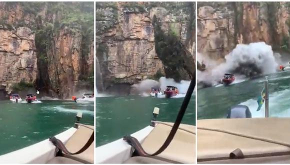Video viral que muestra el desprendimiento de un roca sobre una pequeña embarcación. (Foto: Twitter).