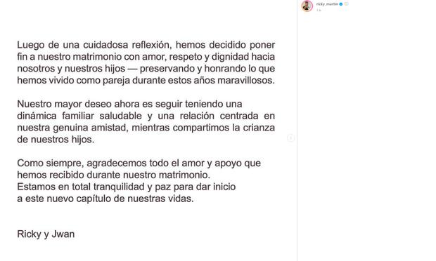 El intérprete puertorriqueño hizo pública su separación a través de Instagram (Foto: Ricky Martin / Instagram)