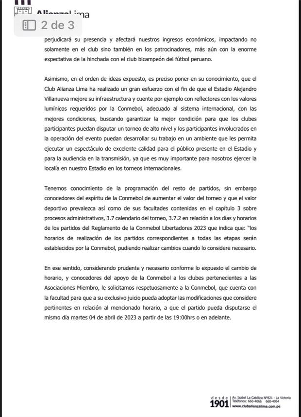 Alianza Lima envió carta a Conmebol pidiendo cambio de horario del encuentro ante Paranaense por Copa Libertadores.