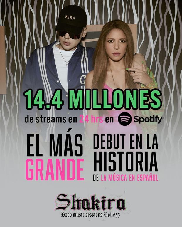 Uno de los logros de la artista y Bizarrap en Spotify (Foto: Shakira / Instagram)