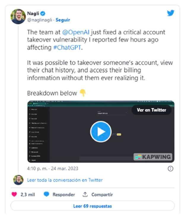 Gal Nagli reported that he informed the @OpenAI team about a critical account takeover vulnerability (since fixed) that affected #ChatGPT and allowed to take over an account, view its chat history and access billing information.