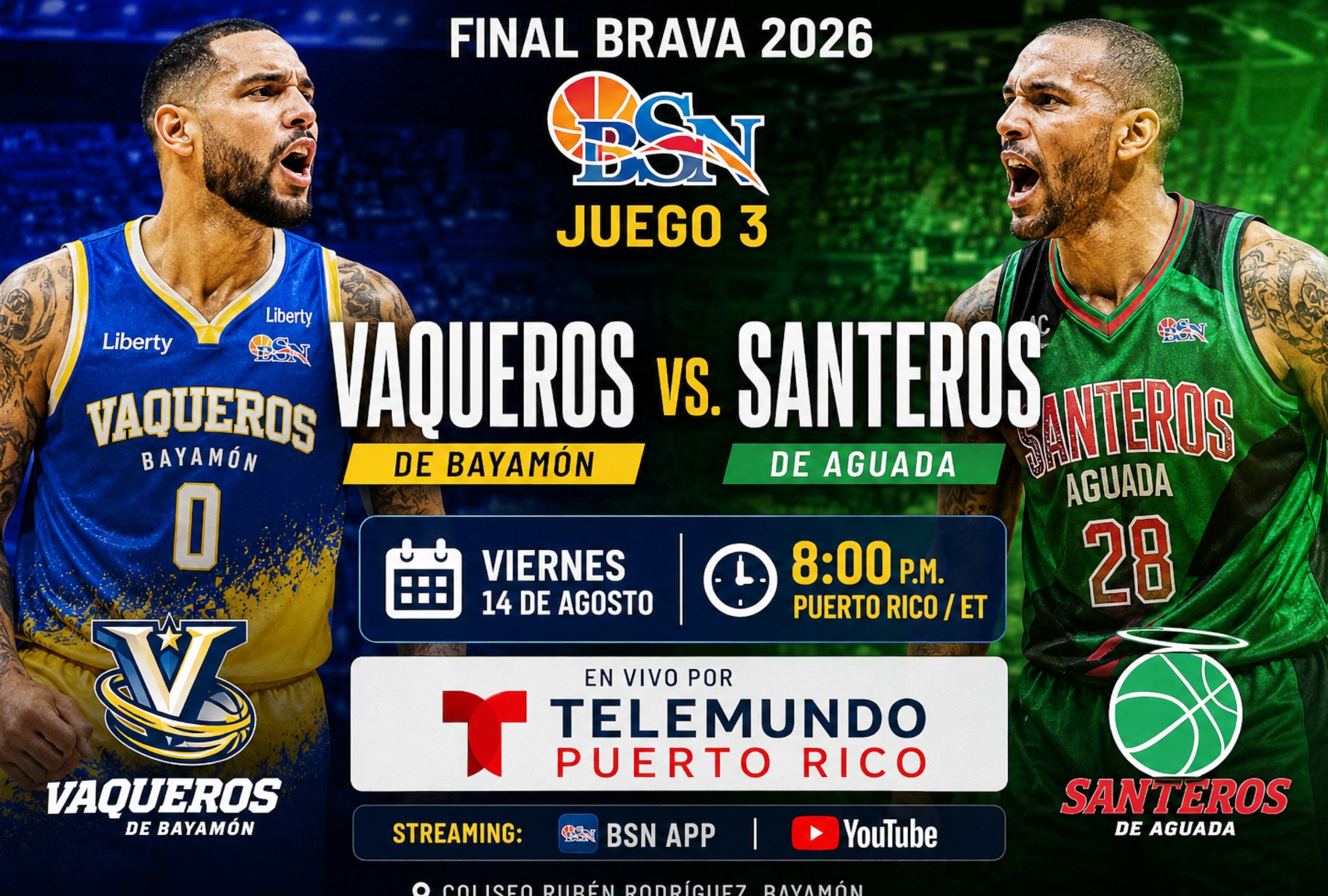 SAN JUAN (PUERTO RICO)., 14/08/2026.- Cobertura oficial de Telemundo Deportes EN VIVO GRATIS ONLINE para mirar el Juego 3 de Vaqueros de Bayamón vs. Santeros de Aguada EN VIVO EN DIRECTO ONLINE por la final del BSN 2026 en el Coliseo Rubén Rodríguez de Bayamón, Puerto Rico. FOTO DE INSTAGRAM DE BSN PR