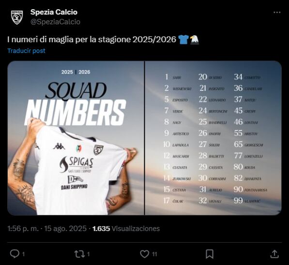 Post de Spezia en sus redes sociales sobre los dorsales | Foto: Spezia