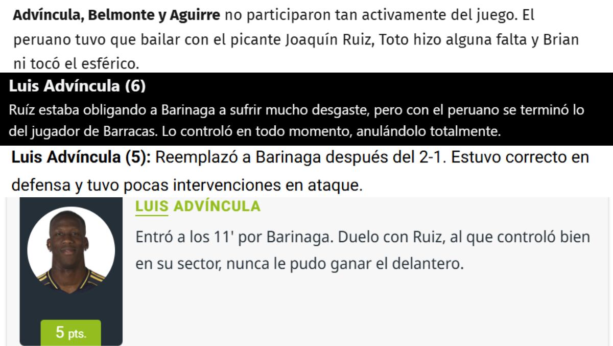 Puntajes para Luis Advíncula de Olé, Onefootball, 442 y Bolavip Argentina. (Foto: Capturas web)