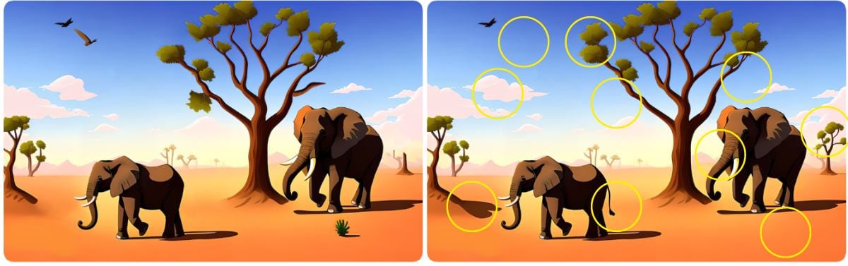 SOLUCIÓN DEL DESAFÍO VISUAL | He encerrado en círculos amarillos todas las diferencias entre ambas imágenes.