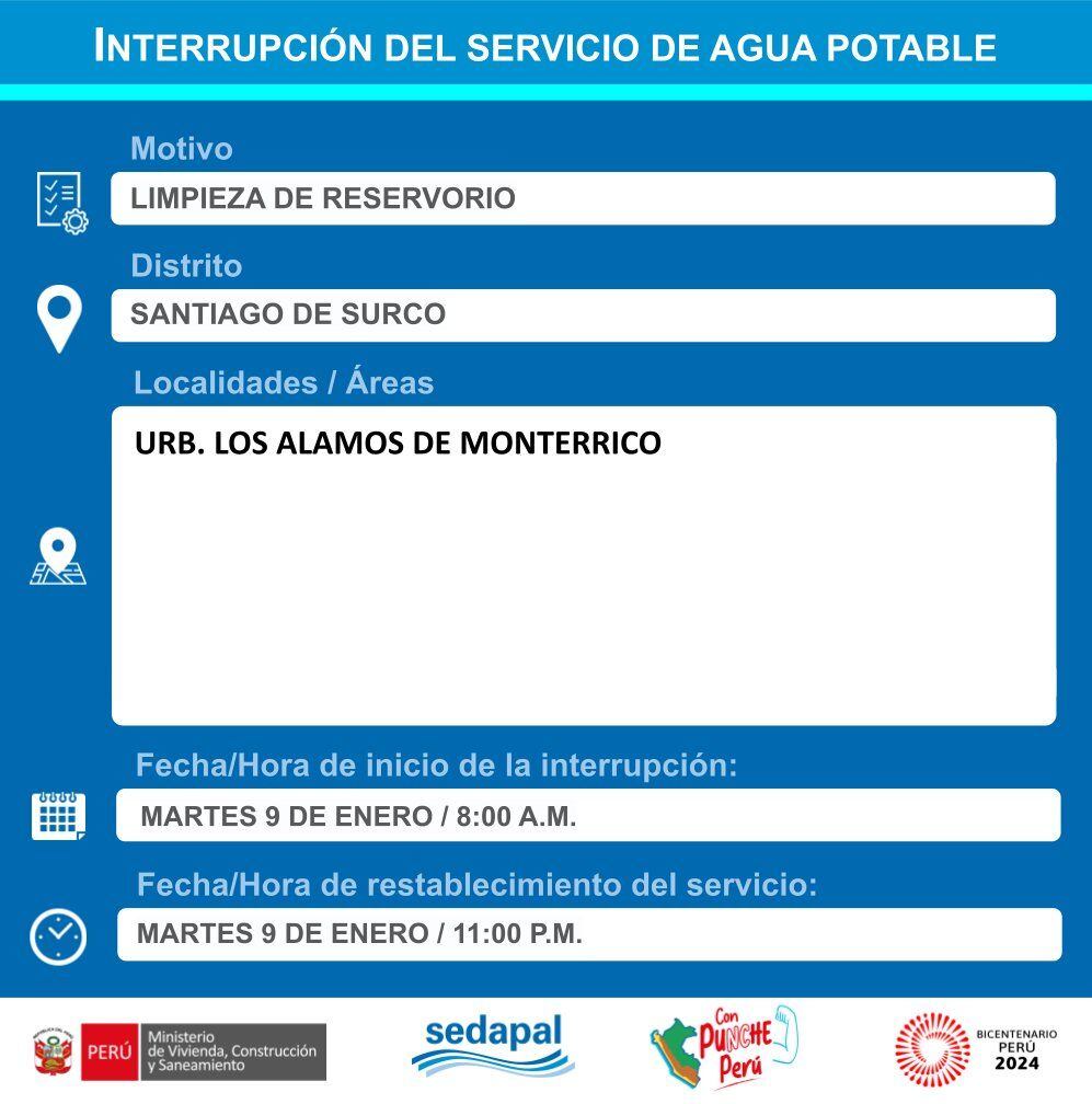 Sedapal informó qué distritos no tendrán agua este martes 9 de enero. (Foto: Twitter)