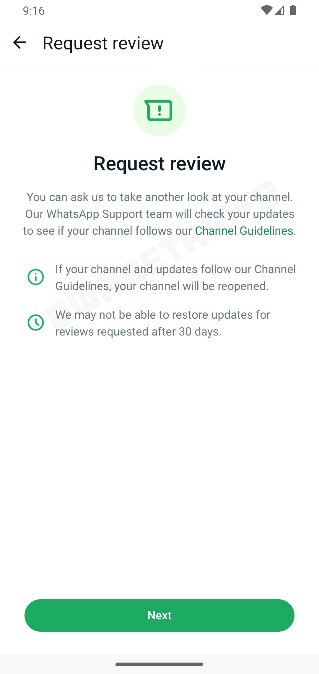 Vista previa de la función para solicitar revisión cuando suspenden tu canal de WhatsApp. (Foto: WabetaInfo)