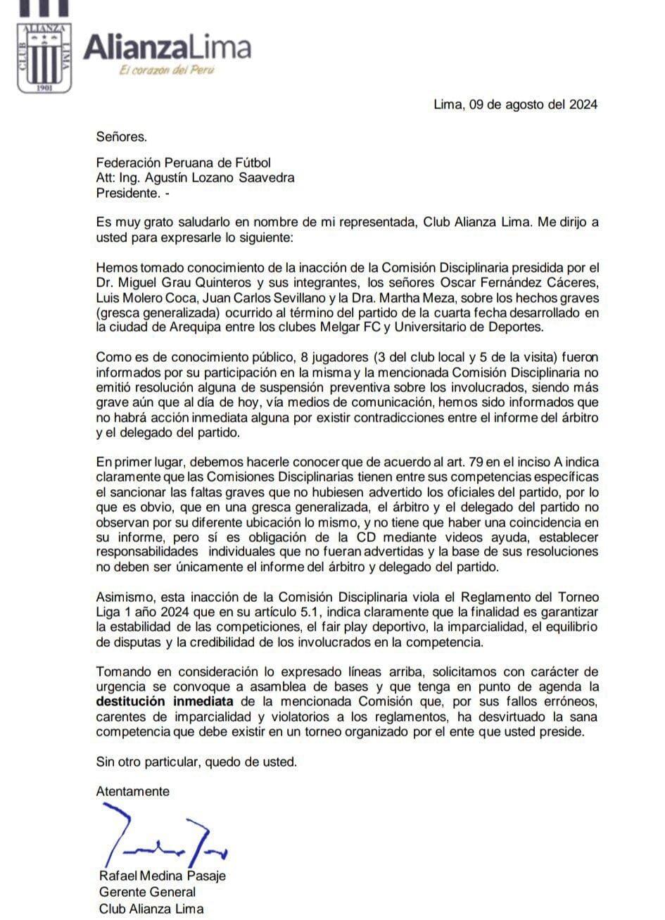 Carta de Alianza Lima al presidente de la Federación Peruana de Fútbol, Agustín Lozano. (Imagen: Alianza Lima)