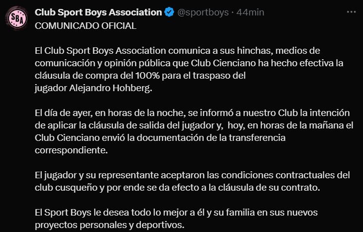 Sport Boys anunció la venta de Alejandro Hohberg a Cienciano. (Foto: Captura X)