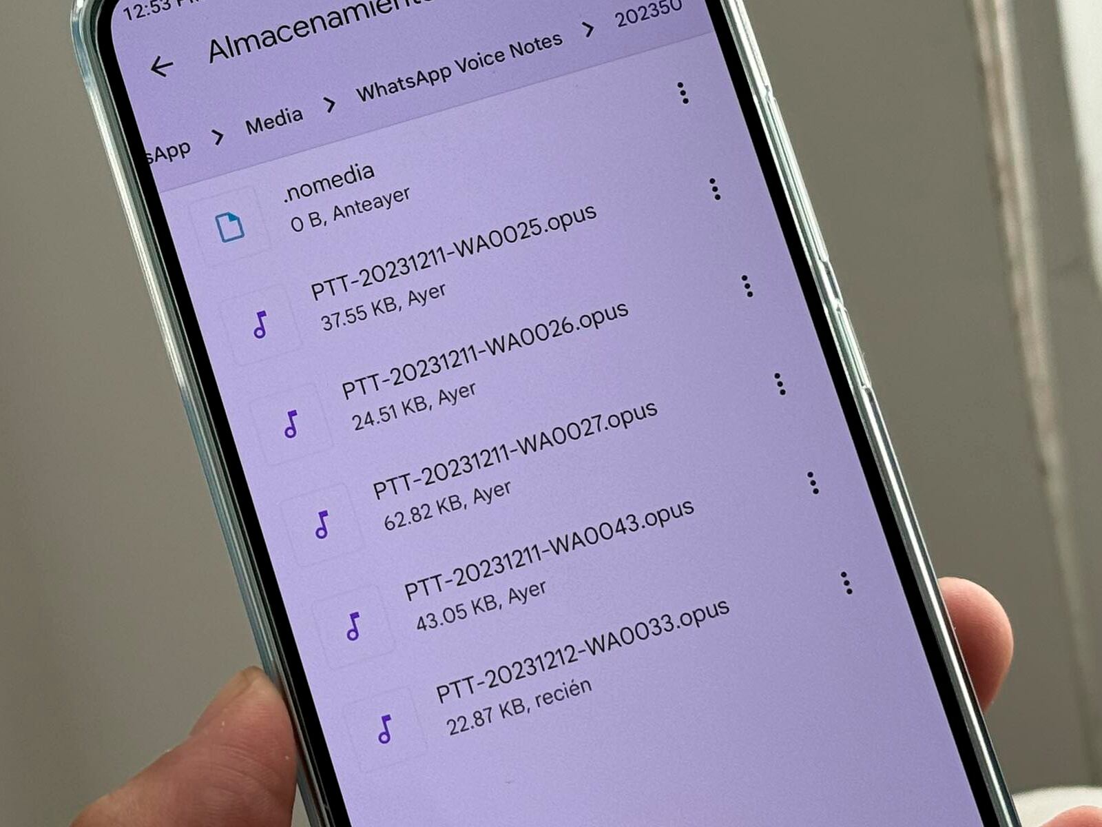 WHATSAPP | Esta es la carpeta donde todos tus audios de WhatsApp se guardan. Puedes copiar las que desees y borrar las que no te gusten. (Foto: MAG - Rommel Yupanqui)