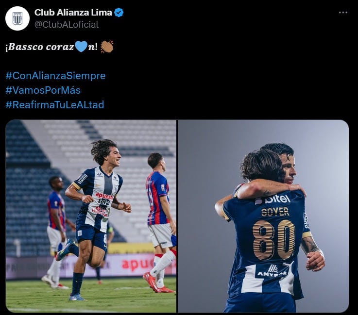 Alianza Lima felicitó así a Bassco Soyer por su primer gol con Alianza Lima. (Captura)