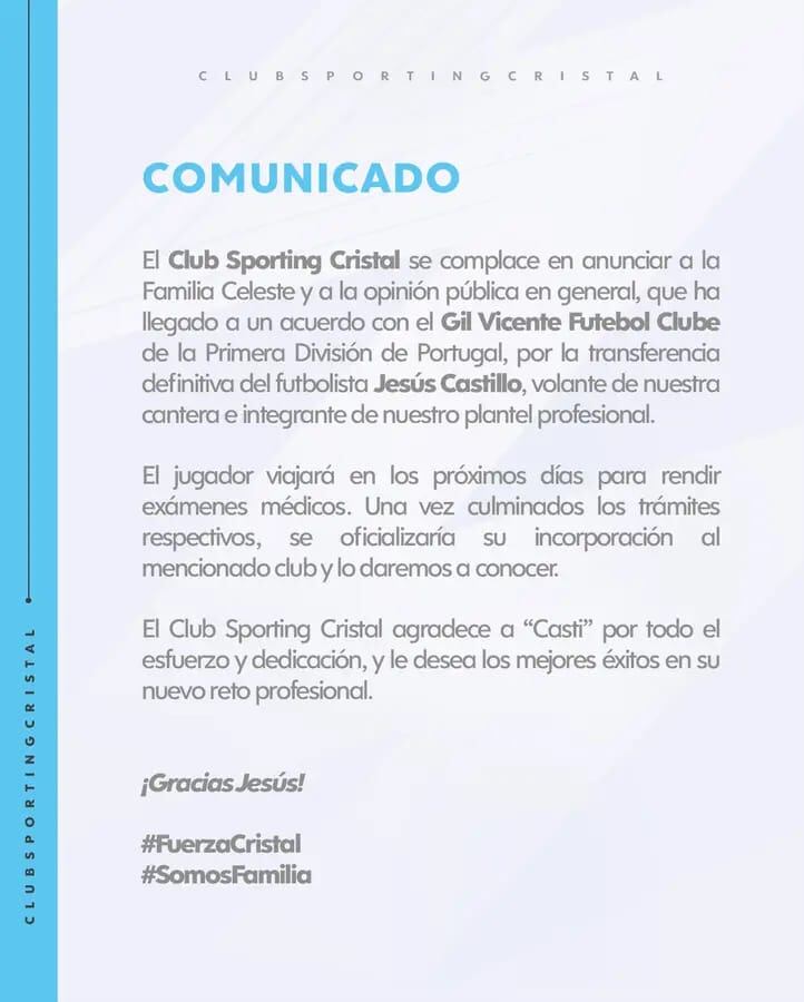 Jesús Castillo jugará en el Gil Vicente de Portugal. (Imagen: Sporting Cristal)