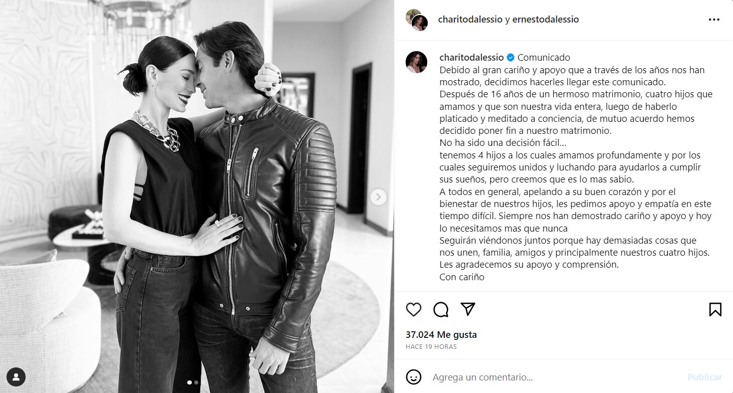 Charito Ruiz y Ernesto D’Alessio confirmaron su separación en redes sociales (Foto: charitodalessio / Instagram