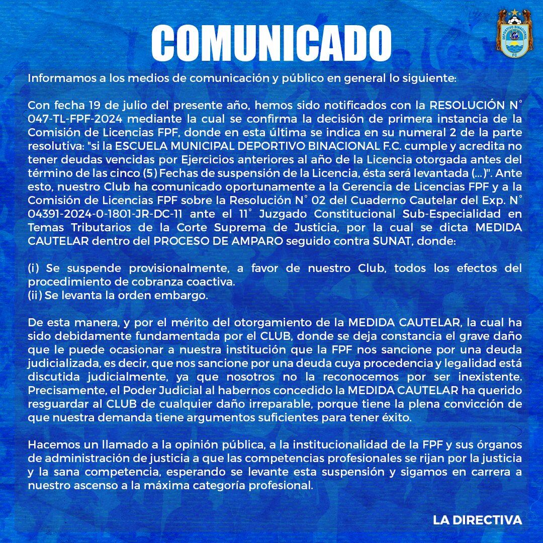 Comunicado de Binacional sobre su presencia en la Liga 2. (Foto: @BinacionalFC).