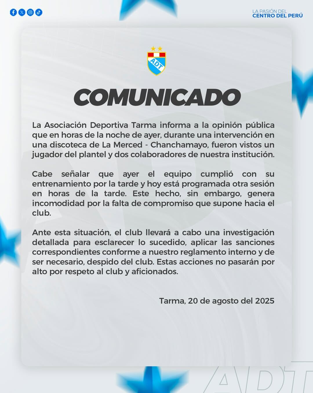 Comunicado oficial del club de Tarma sobre lo sucedido. (Foto: ADT)