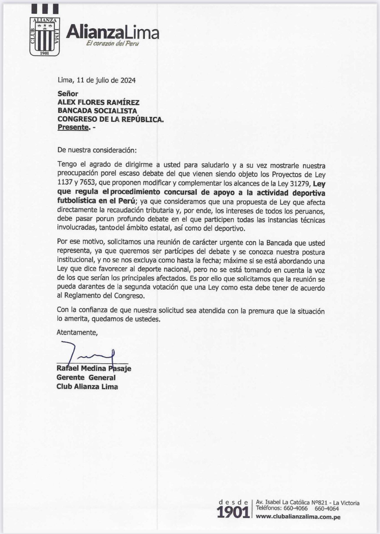 Carta de Alianza Lima a la bancada de Renovación Popular. (Foto: Difusión)