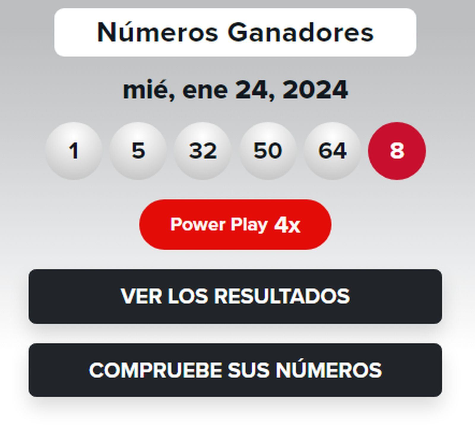 Número ganadores del sorteo del 24 de enero de 2024 de la lotería Powerball (Foto: Powerball)
