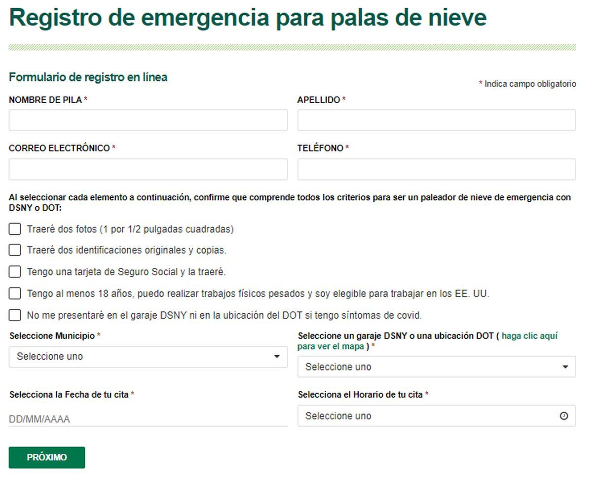 Página web para postular como paleador en Nueva York para este invierno (Foto: Departamento de Saneamiento de Nueva York)