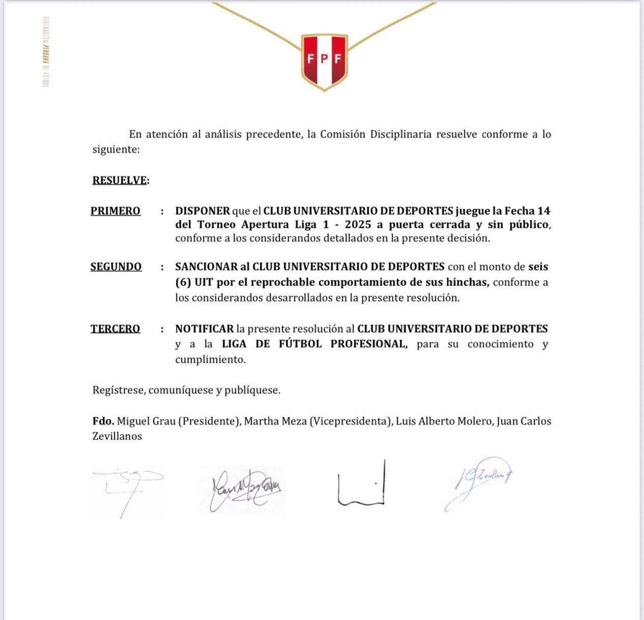 Comisión Disciplinaria de la FPF sancionó a Universitario de Deportes con una fecha sin público en el estadio Monumental.