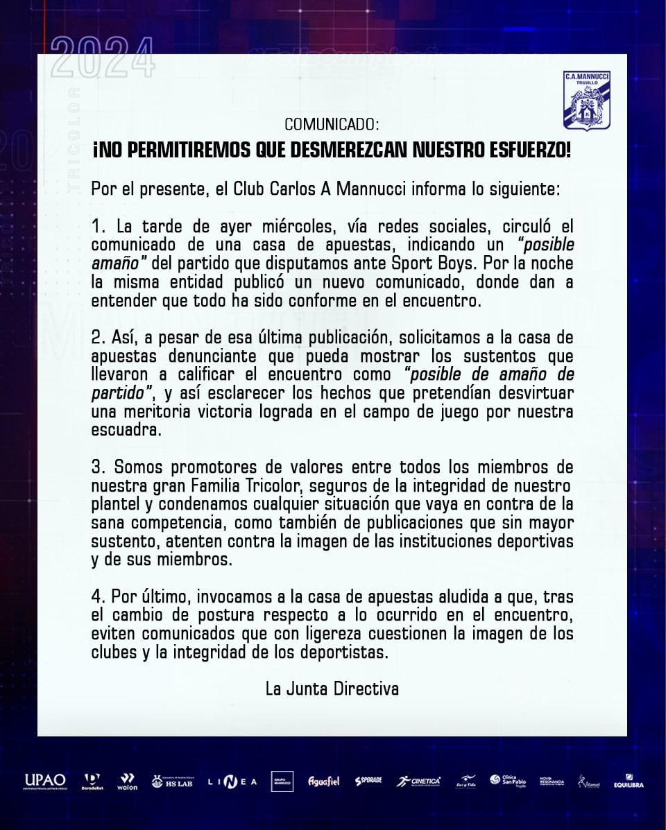 Comunicado de Carlos Mannucci sobre amaño de partidos de la Liga 1. (Foto: @camannucci).