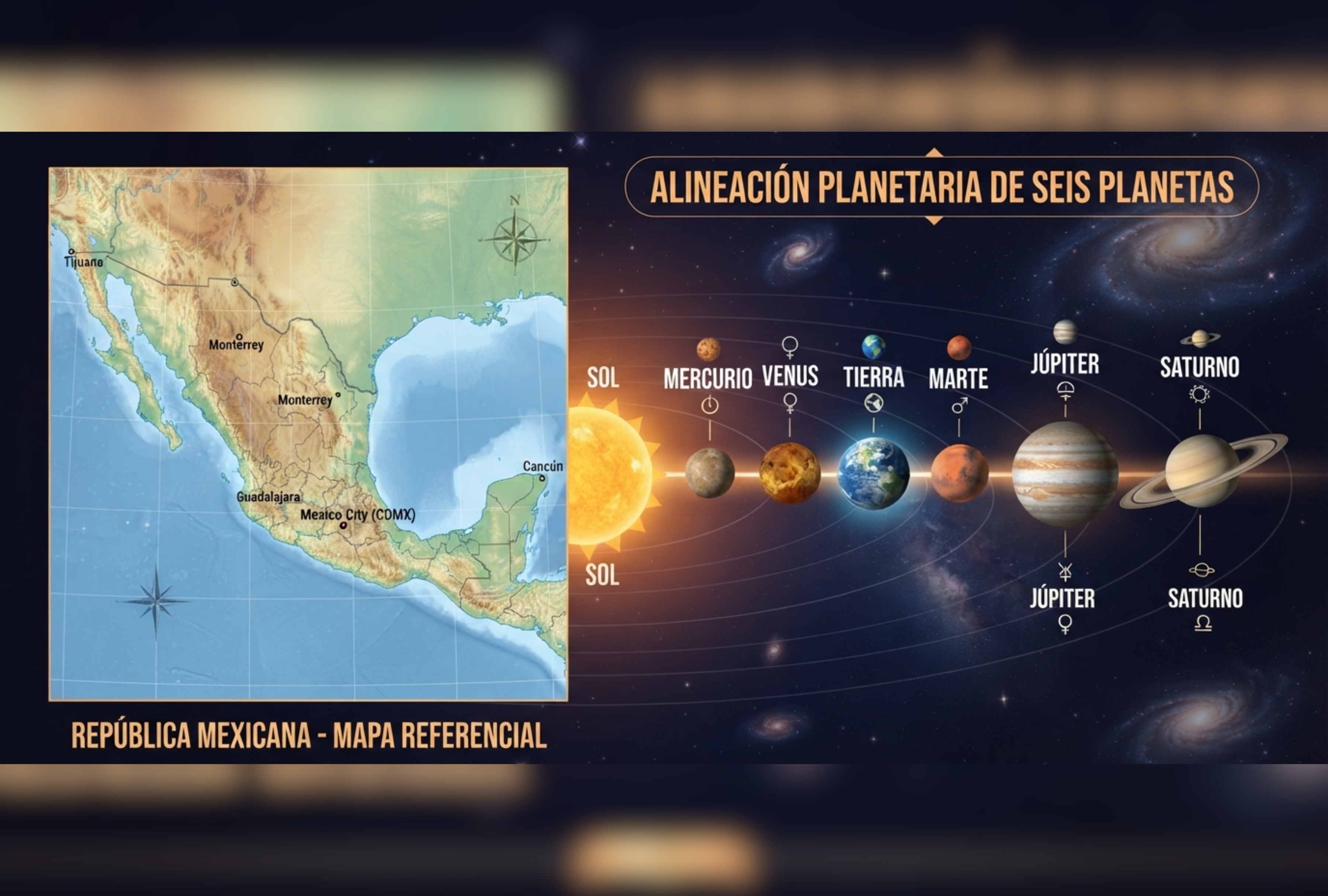 Vista astronómica de la alineación planetaria del 12 de agosto en México, donde seis cuerpos celestes recorren el horizonte nacional antes del amanecer. | Imagen referencial creada por Depor usando la IA de Gemini / Composición GEC