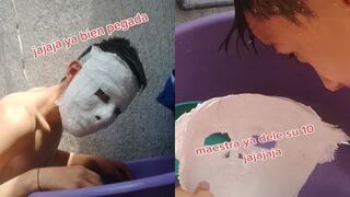 Se coloca máscara de yeso para proyecto escolar, pero se queda pegada a su rostro