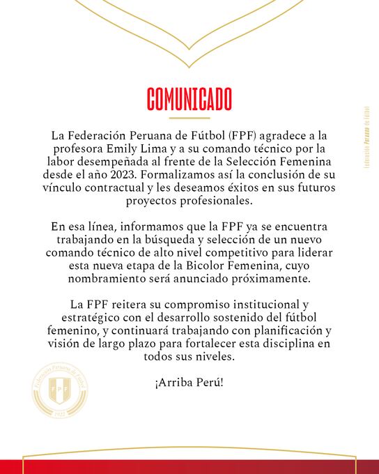 La FPF confirmó la salida de Emily Lima de la Selección Peruana de Fútbol. (Foto: @TuFPF)