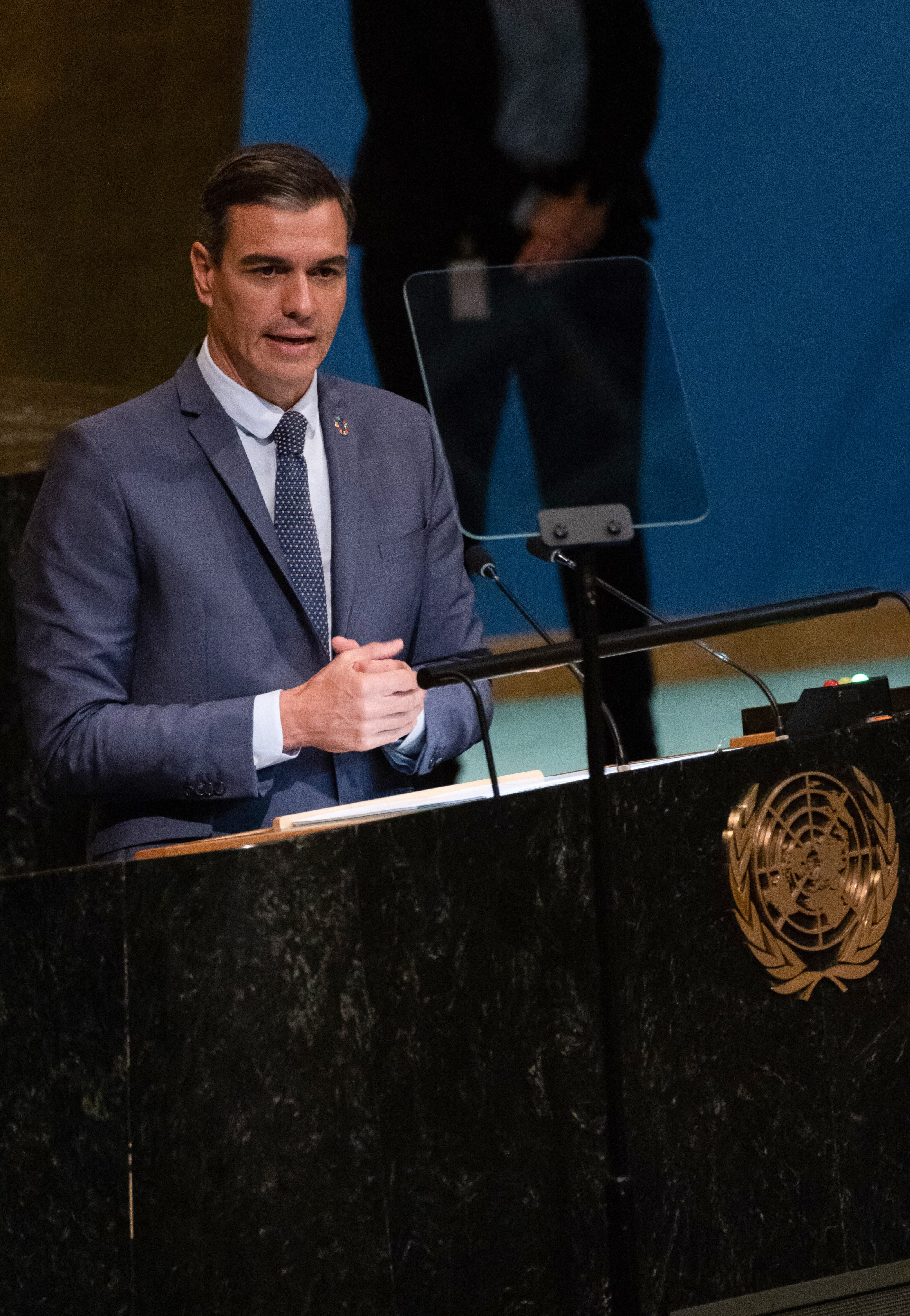 Pedro Sánchez en una de sus presentaciones ante la ONU (Foto: AFP)