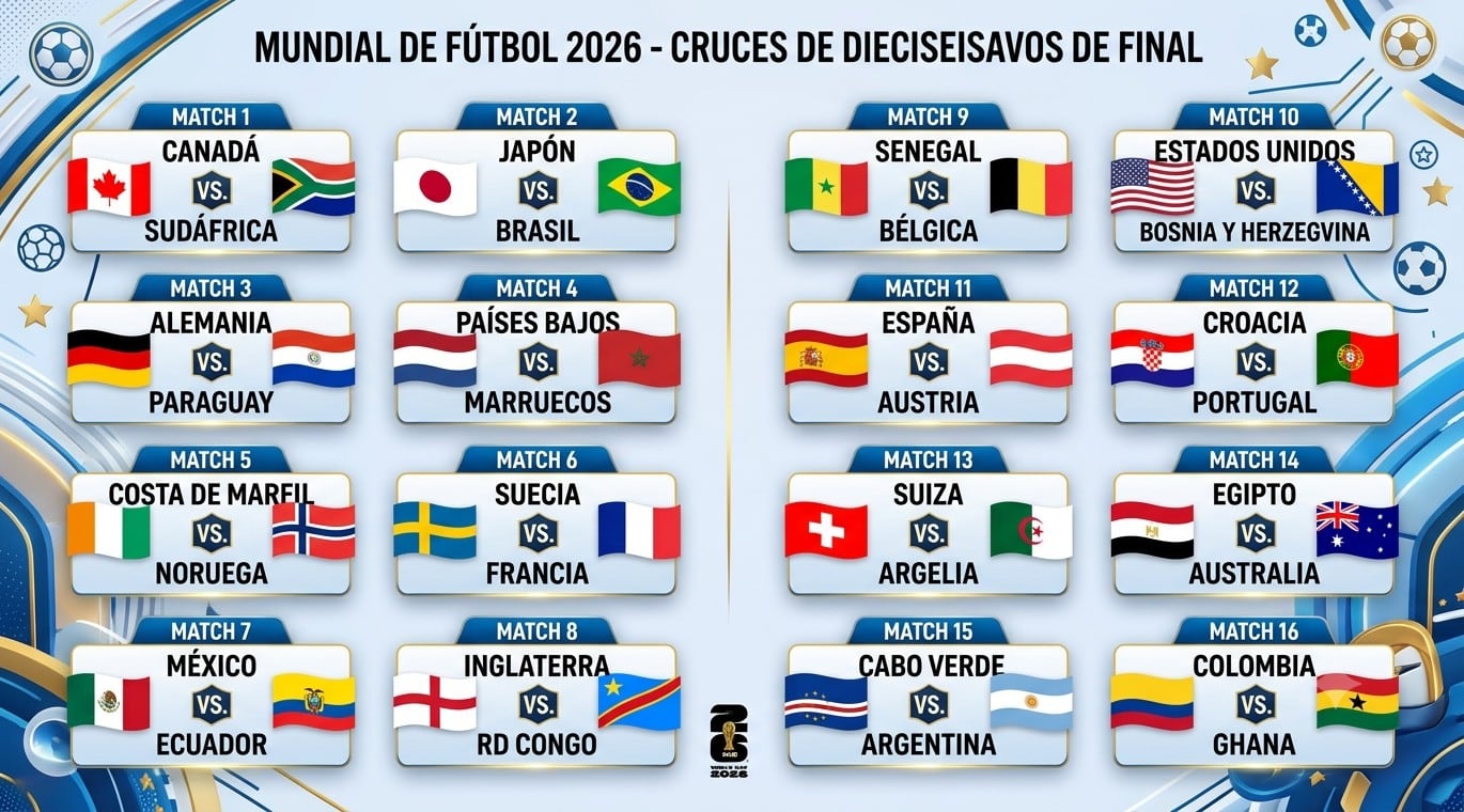 Estos son todos los cruces de 16avos de final de la Copa del Mundo 2026. (Foto: Imagen creada por Depor usando Gemini)