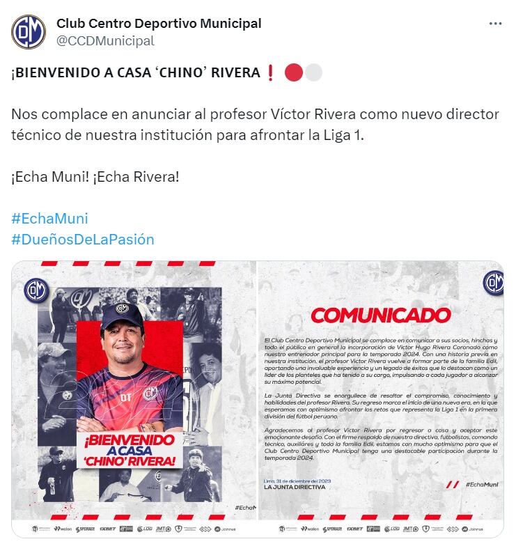 Deportivo Municipal anunció a Victor Rivera como nuevo DT para el 2024. (Foto: X).